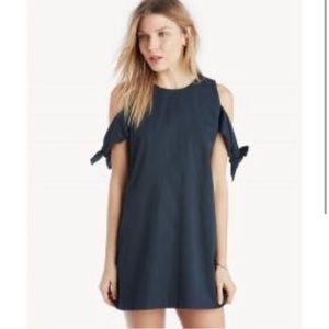 tan JOA shift dress with off the shoulder ties